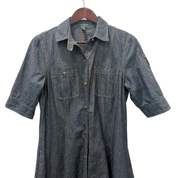 Ralph Lauren LRL Lauren Jeans Blue Denim Dress Military Size 8 Midi Short Sleeve - Picture 2 of 12